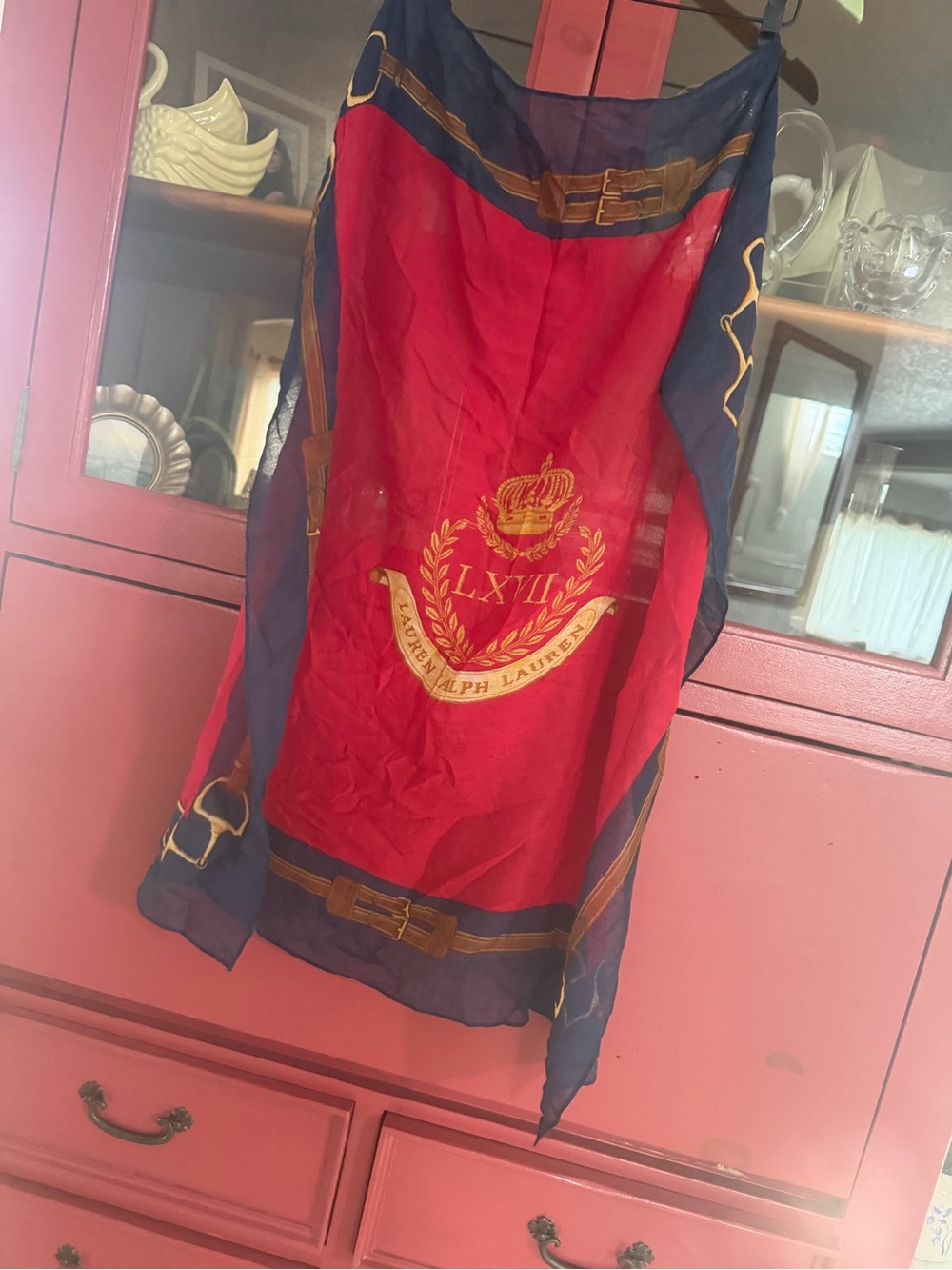 Lauren Ralph Lauren Equestrian Square Scarf – 34” x 34” – Red Navy Gold